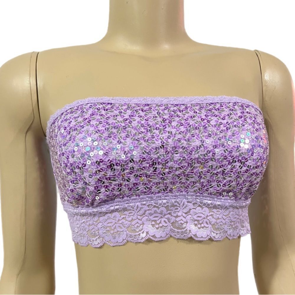 Victorias Secret Pink Strapless Bling Sequin Lace Unlined Bandeau Bralette bra